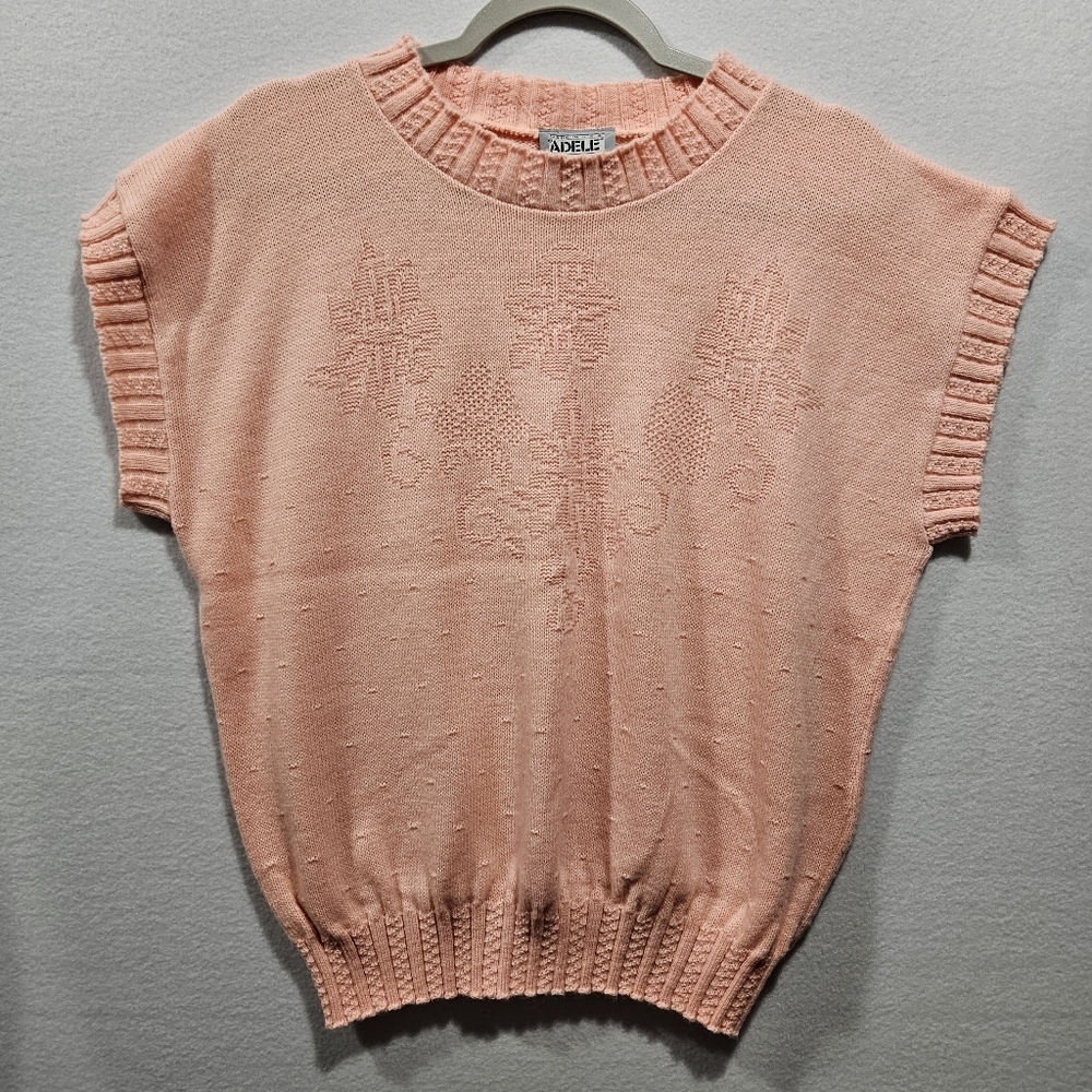 Vintage Adele Knitwear Salmon Pink Floral Pullover Vest Sweater Small Medium USA